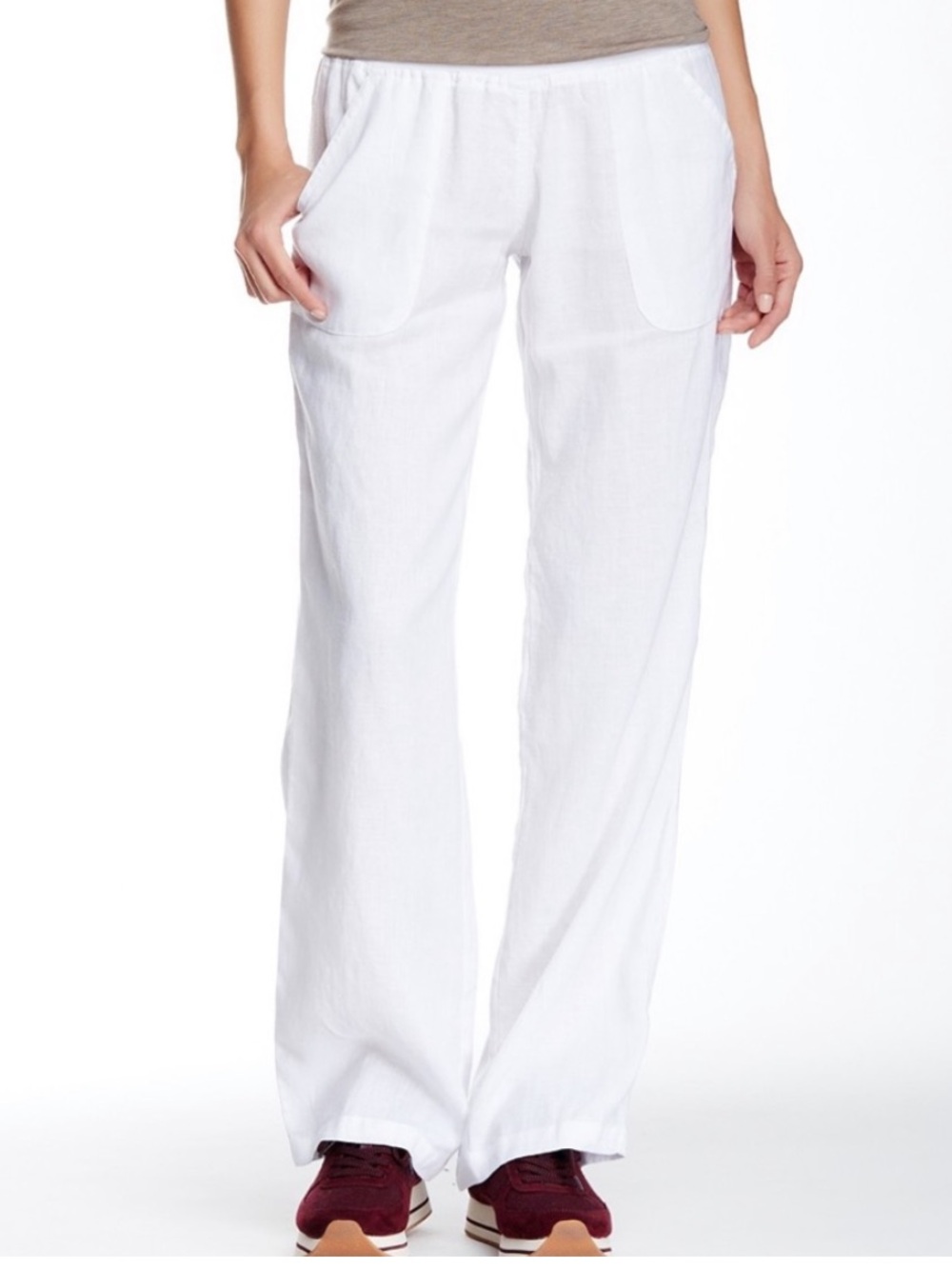 Allen Allen White Linen Pants Women’s Small Wide Waist Band Pockets Relax Fit